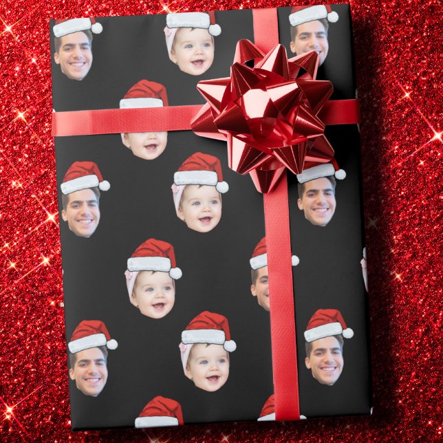 Custom Two Photos Family Santa Hat Face  Wrapping Paper (Creator Uploaded)