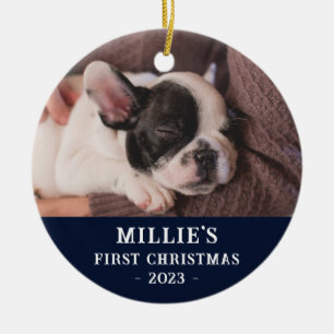 Custom Two Sided Blue First Christmas Puppy Photo Ceramic Ornament