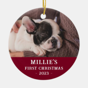 Custom Two Sided Blue First Christmas Puppy Photo Ceramic Ornament