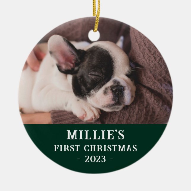 Custom Two Sided Green First Christmas Puppy Photo Ceramic Ornament (Front)