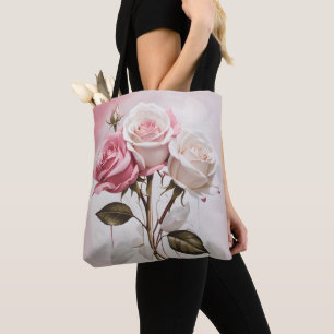 Custom Two-Sided Pink White Rose Floral Tote Bag