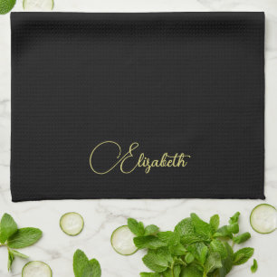 Custom Typography Faux Gold Name Template Black Tea Towel