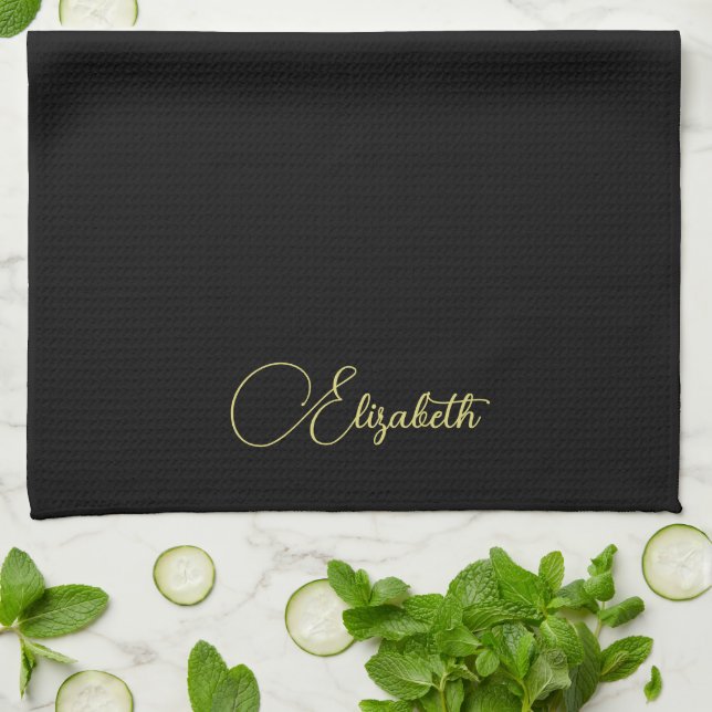 Custom Typography Faux Gold Name Template Black Tea Towel (Folded)