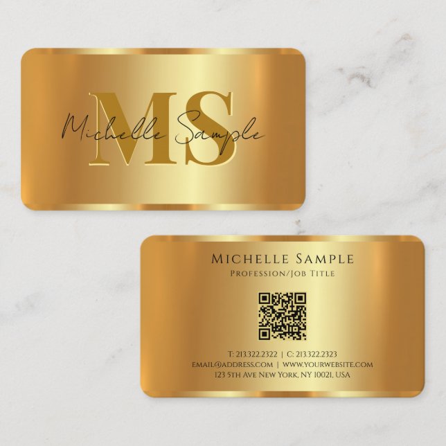 Custom Typography Name QR Code Gold Monogram Business Card (Front/Back)