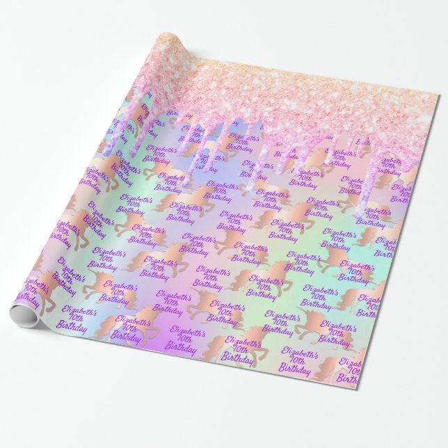 Custom unicorn birthday pink holographic wrapping paper (Unrolled)