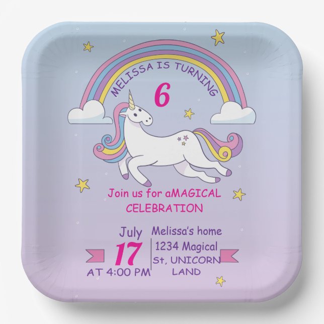 Custom Unicorn Birthday Square Plate - Girl Party  (Front)