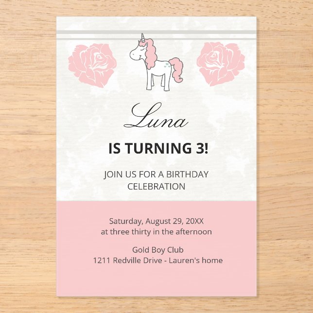 Custom Unicorn Cute Pink Birthday Party Invitation (Front)