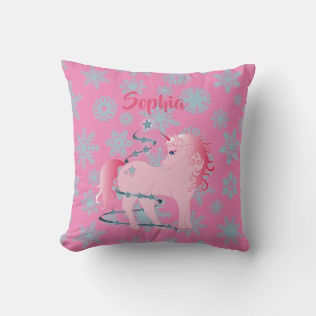 Custom Unicorn Pink Cute Christmas Snowflake Cushion (Front)