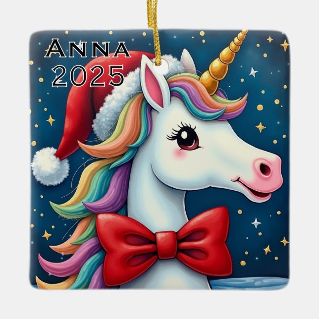 Custom Unicorn Red Bow Ceramic Ornament (Front)
