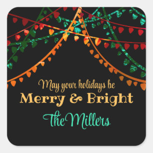 Custom Unique Colourful Christmas Lights Merry Square Sticker