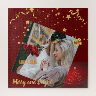Custom unique family photo keepsake Holiday red Jigsaw Puzzle