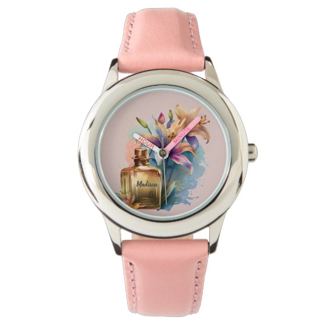 Custom Unique Floral Perfume Bottle Pink Watch (Front)
