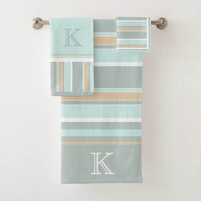 Custom Unique Seafoam Green White Tan Stripe Art Bath Towel Set (Insitu)