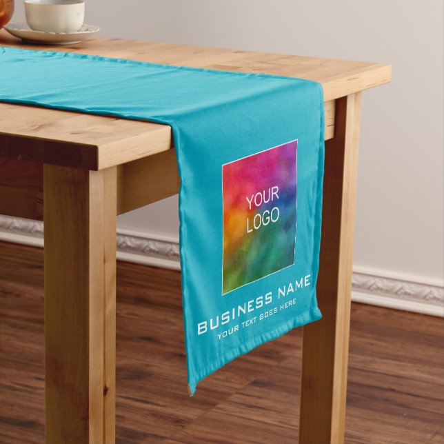 Custom Upload Business Logo Solid Colour Azure Blu Medium Table Runner (In Situ)