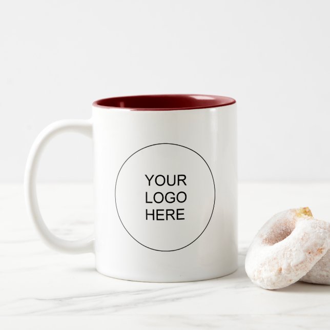 Custom Upload Company Logo Trendy Maroon and White Two-Tone Coffee Mug (With Donut)