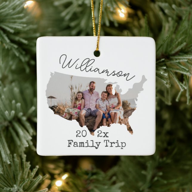Custom USA Map Outline Vacation Family Photo Ceramic Ornament (Tree)