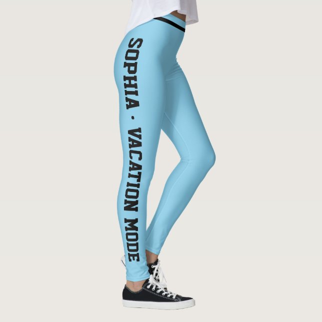 Custom Vacation Fun Classy Sky Blue Black Striped Leggings (Right)