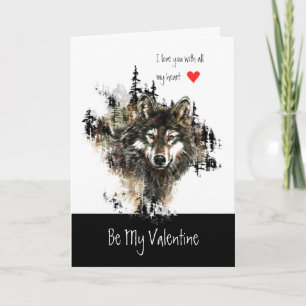 Custom Valentine Love Heart Wolf Animal Nature Art Holiday Card