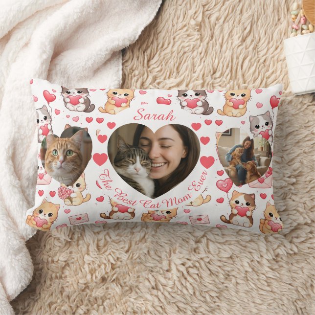 Custom Valentine’s "Best Cat Mom Ever" Photo  Lumbar Cushion (Blanket)