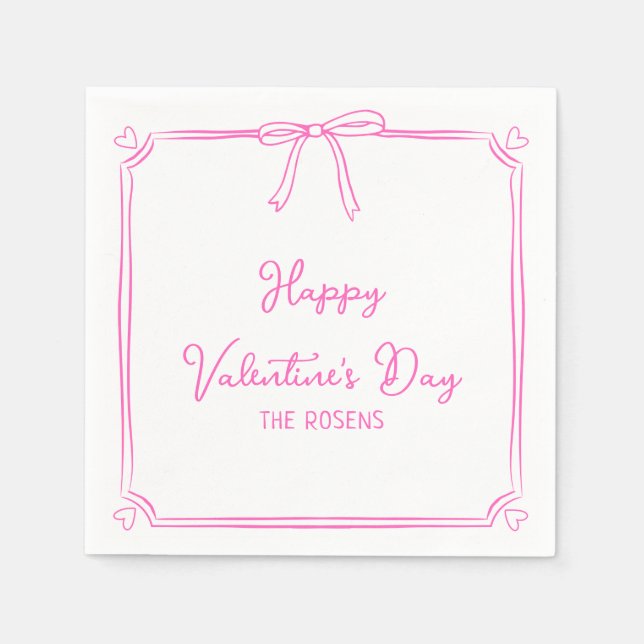 Custom Valentine's Day Party Cute Pink Bow Hearts Napkin (Front)