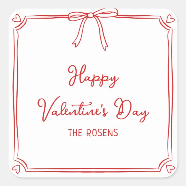 Custom Valentine's Day Party Cute Red Bow Hearts Square Sticker (Front)