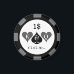 Custom value poker chip casino wedding favour gift magnet<br><div class="desc">Custom value poker chip casino wedding favour gift magnet. Black and white design with monogrammed initials of bride and groom plus date of marriage. Personalise with your monogram, date and dollar value number etc. Round magnetic marker coin with hearts and spade symbols. Las Vegas theme marriage gifts. Available in small,...</div>