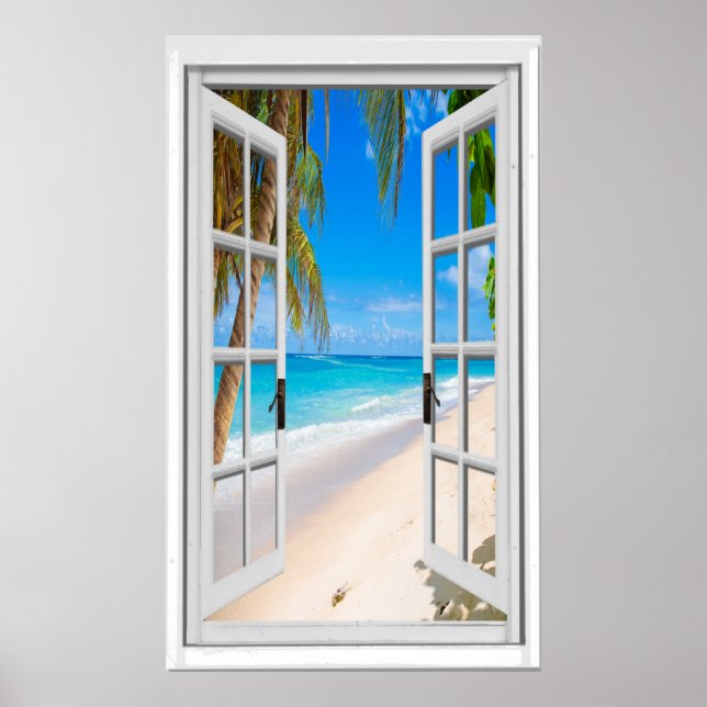 Custom Vertical Beach and Ocean Window View   Poster (Front)