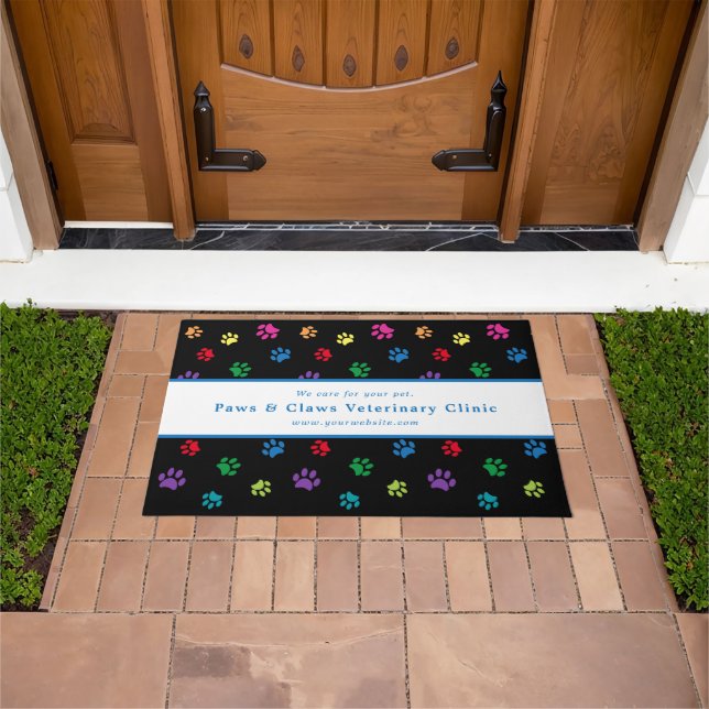 Custom Veterinary Clinic Colourful Paw Prints Blac Doormat (Outdoor)