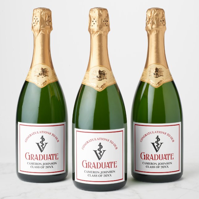 Custom Veterinary School Red Graduation Party Sparkling Wine Label (Bottles)