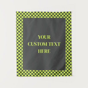 Custom Vibrant Green and Grey Chequered Pattern Tapestry