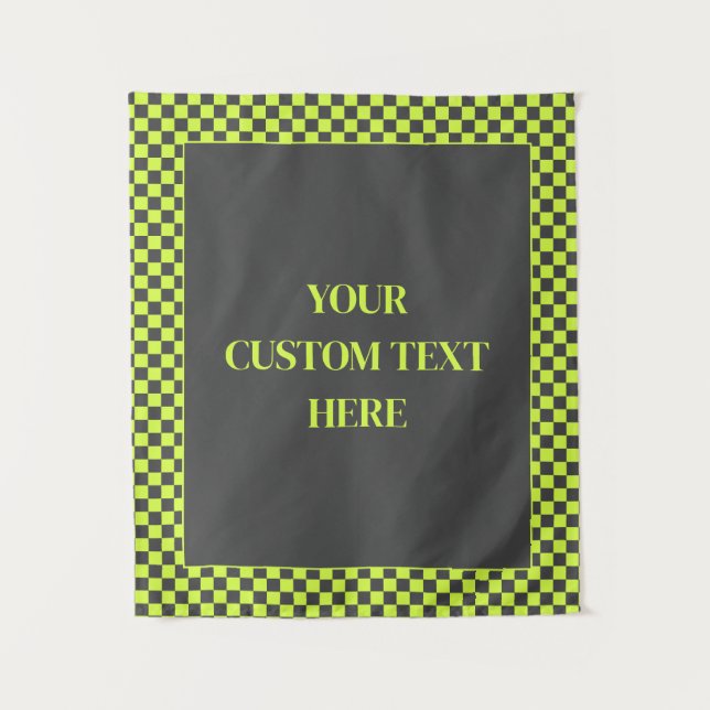 Custom Vibrant Green and Grey Chequered Pattern Tapestry (Front)