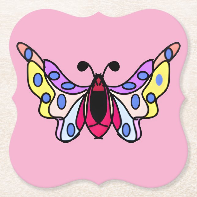 Custom Vibrant Modern Folk Butterfly Art Paper Coaster (Front)