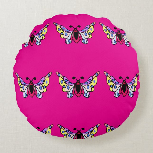 Custom Vibrant Modern Folk Butterfly Art Round Cushion (Front)