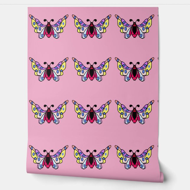 Custom Vibrant Modern Folk Butterfly Art Wallpaper (Unrolling)