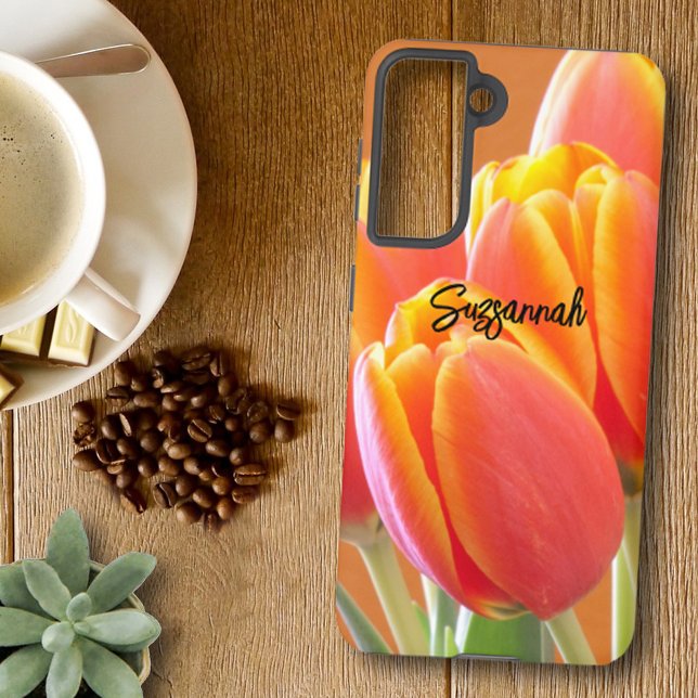 Custom Vibrant Orange Tulip Flowers Photo  Samsung Galaxy S21 Case (Creator Uploaded)