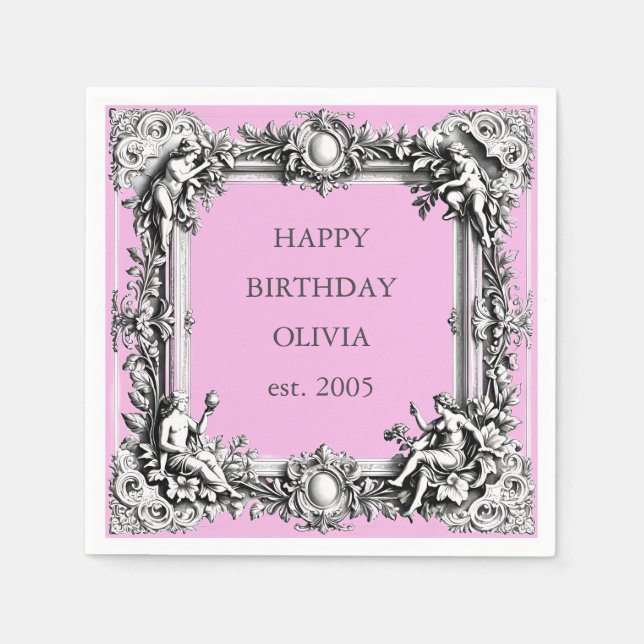 Custom Victorian Scroll Frame Napkin – pink  (Front)