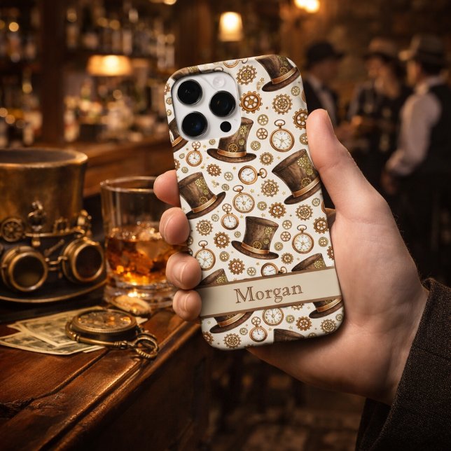 Custom Victorian Steampunk Hat and Clockwork Name iPhone Case (Creator Uploaded)