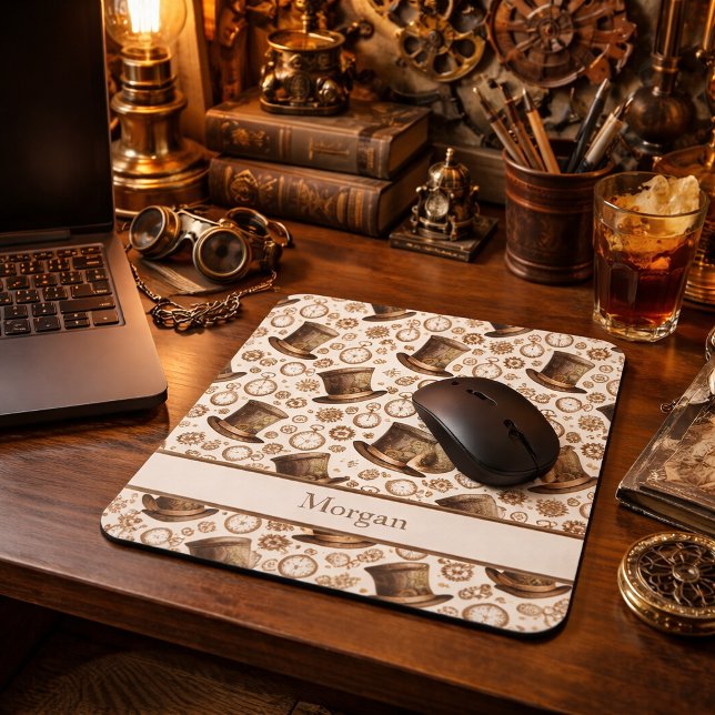 Custom Victorian Steampunk Hat and Clockwork Name Mouse Pad (Creator Uploaded)