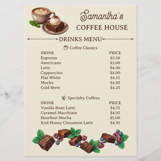 Custom Vintage Bakery Merch Brownie Art Menu (Front)