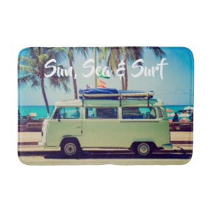 Custom, vintage beach camper bus and palm trees: bath mat