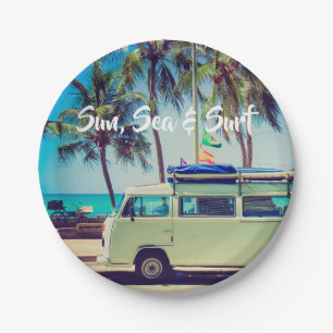 Custom, vintage beach camper bus and palm trees: paper plate