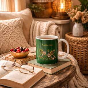 Custom Vintage Bird Floral Green Coffee Mug