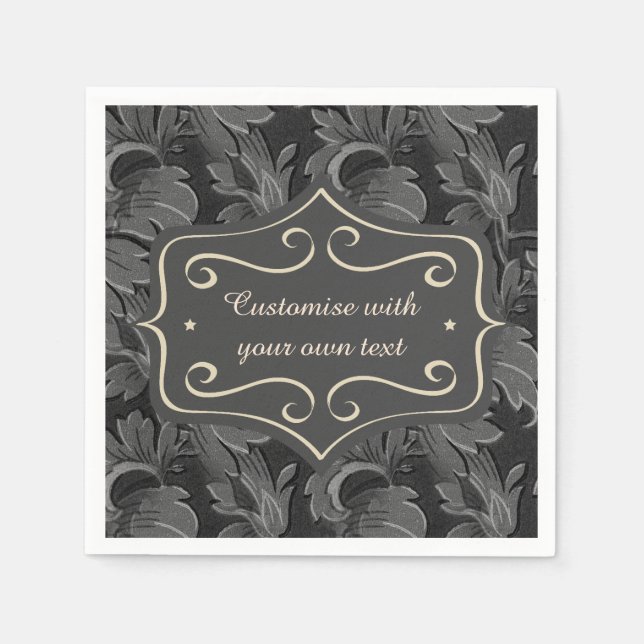 Custom Vintage Black and White Leaf Pattern Napkin (Front)