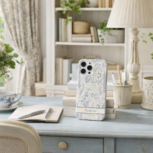 Custom Vintage Blue Wildflower French Toile iPhone 15 Pro Max Case