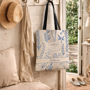 Custom Vintage Blue Wildflower French Toile Patter Tote Bag
