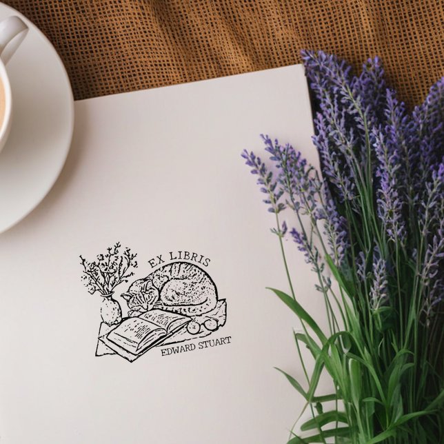 Custom Vintage Cat Sleeping Bookplate  Rubber Stamp (Creator Uploaded)