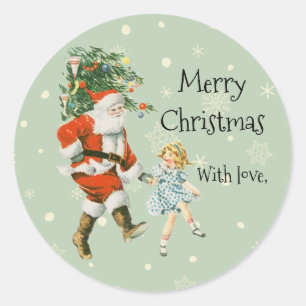 Custom Vintage Christmas Santa Moss Green Classic Round Sticker