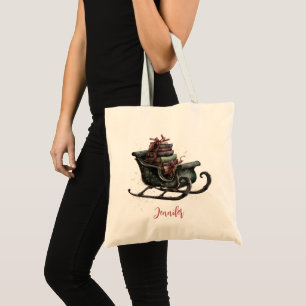 Custom Vintage Christmas Sleigh with Books Tote Bag