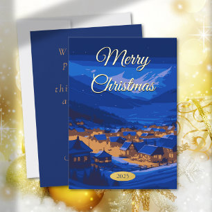 Custom Vintage Christmas Winter Village Gold Foil Holiday Card