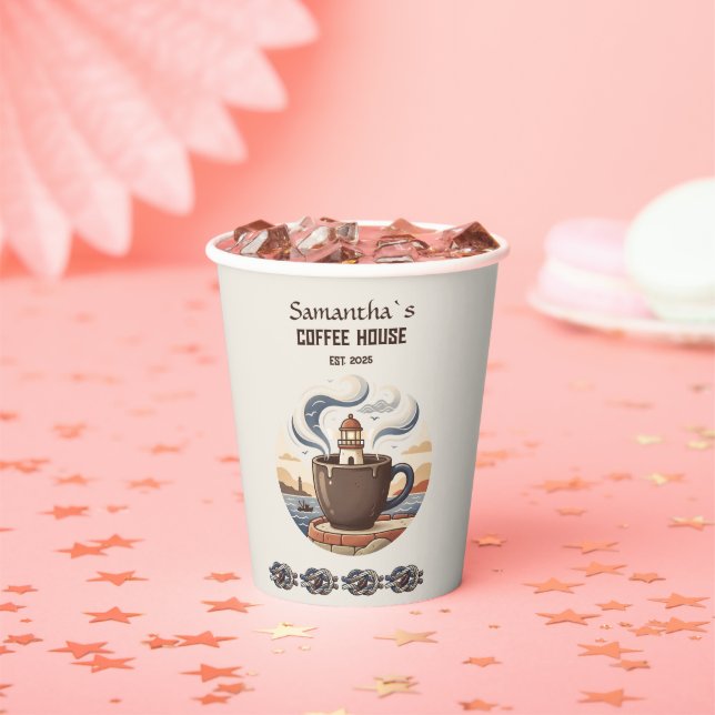 Custom Vintage Coastal Cafe Merch Paper Cups (Insitu)